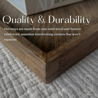 Medium Ottoman Wood Serving Tray- with Leather Handle Decorative Wooden 24 * 16 * 1.5 Inches Square Serving Tray Best for Coffee Table, Living Room and Kitchen