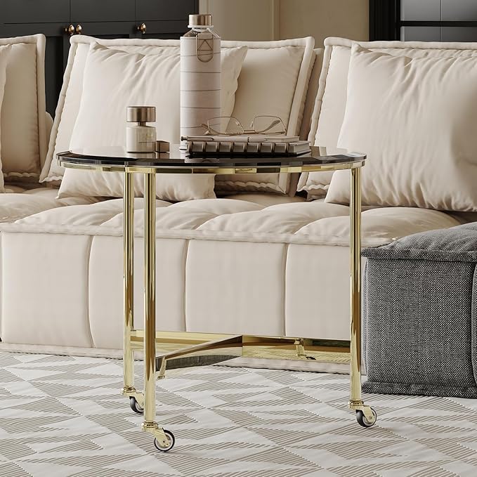 31.5 Inch Coffee Table with 2 Storage Drawers, Vintage Walnut Nesting Coffee Table Set of 2, Mid-Century Round Tea Center Table with Gold Chrome Base for Living Room Apartment