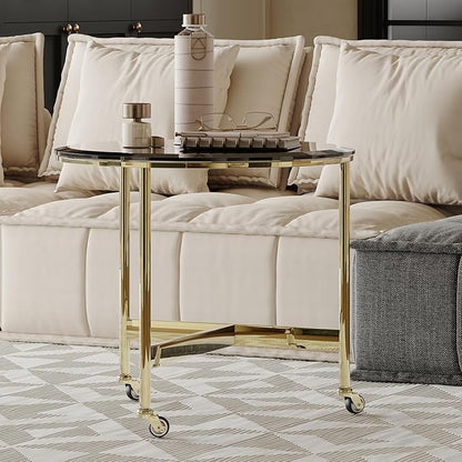31.5 Inch Coffee Table with 2 Storage Drawers, Vintage Walnut Nesting Coffee Table Set of 2, Mid-Century Round Tea Center Table with Gold Chrome Base for Living Room Apartment