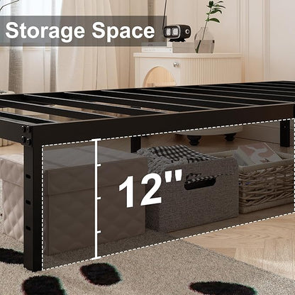 Bed Frame Queen Size with White Fabric Cover 14 Inch, Heavy Duty Metal Queen Bed Frame, No Box Spring Needed, Support Up to 3000 lbs, Easy Assembly, Noise Free, Black