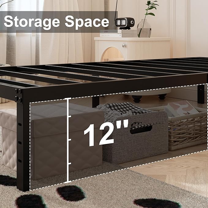 14 Inch XL Twin Bed Frame with White Fabric Cover, Heavy Duty Metal Twin XL Platform Bed Frame, No Box Spring Needed, Support Up to 2500 lbs, Easy Assembly, Noise Free, Black