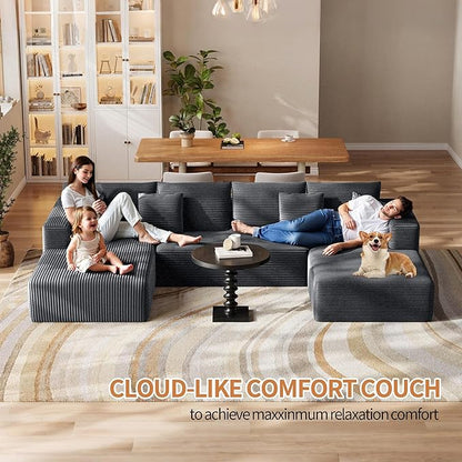 Fancyfire 134.6" Cloud Modular Sectional Couch with Chaise and Pillows,Ultimate Comfort U-Shaped Deep Seat Sofa,Boneless Couch Upholstered 3-Seater Sofas for Living Room, No Assembly Required(Grey)