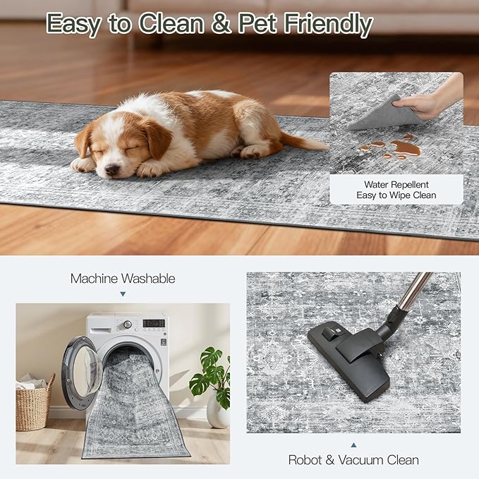 Lofus 2X 6 Runner Rug for Hallways,Grey Washable Runner Rugs with Non Slip Rubber Backing, Low Pile Soft Carpet Runner for Kitchen Bathroom Bedroom Laundry