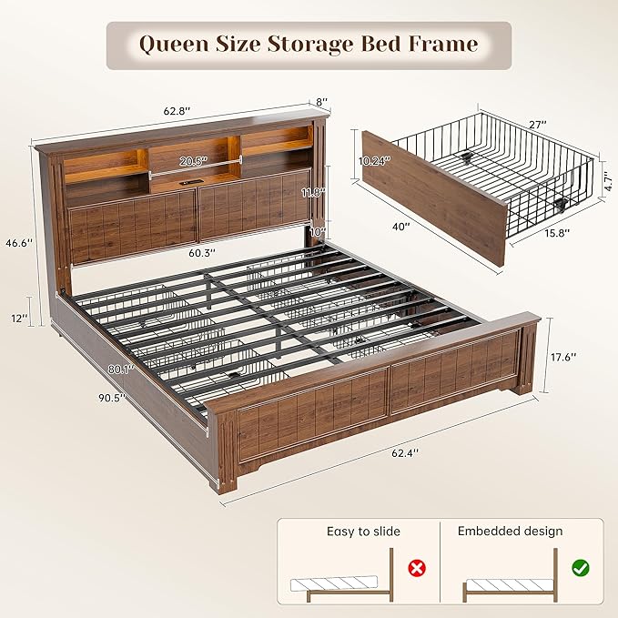 EnHomee Queen Bed Frame with Headboard and Storage,4 Drawers and LED Built in Charging Station Bed Frame Queen Size with Storage Farmhouse, NO Noise,No Box Spring Needed,Brown