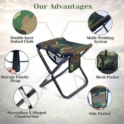 K-MingleSo Upgraded 13 Inch Portable Folding Camping Stool with Side Pocket Mesh Pocket and Molle System, Lightweight Foldable Stool for Adults Gardening Travel BBQ Fishing with Carry Bag[Camo]