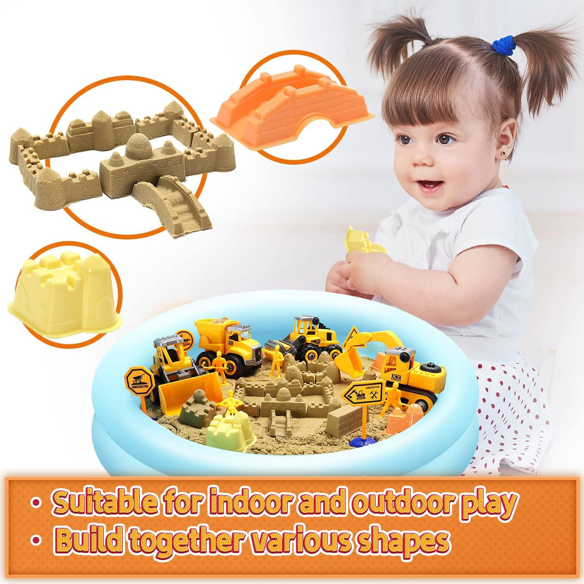 Play Construction Sand Kit,2.2lbs Magic Sand W/4 Large Take Apart Construction Trucks,1 Sandbox,8 Worker Figures and Road Signs,8 Molds,Toys for 2-8 Years Old Boys Girls