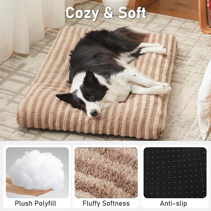 FURTIME Washable Dog Bed Large Sized Dogs, Deluxe Medium Dog Crate Beds | Comfy Fluffy Kennel Pad Anti-Slip Pet Sleeping Mat, Machine Washable Dogs Pillow, 35"x23"x3.5", Brown