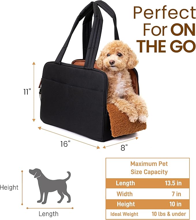 Black Dog Purse Carrier for Small Dogs – Cotton Padded Interior, Multiple Pockets, Breathable Mesh & Comfortable Strap, Durable Polyester Travel Bag, Lightweight Cat Carrier, Versatile Small Pet Bag
