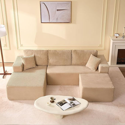 107" Boneless Couch with Deep Seat, Modular Sectional Sofa, Cloud Sectional Couch for Living Room, No Assembly Required, Corduroy, U-Shape 3 Seater Left, Camel