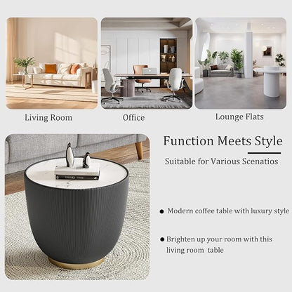 Round Coffee Table Set with Sintered Stone Tabletop, 27.56" Grey Drum Center Table and 19.69" Grey Coffee Table Set, 2 Pieces Living Room Table Set with Fluted PU Leather Cover& Metal Base