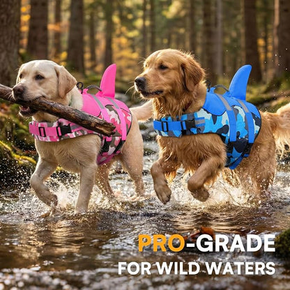 Dog Life Jacket Ripstop Dog Shark Safety Vest Adjustable Preserver with High Buoyancy and Durable Rescue Handle for Small,Medium,Large Dogs, Pink Camouflage Large
