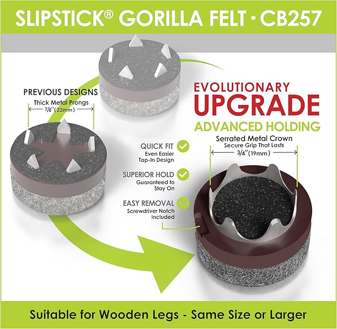 GorillaFelt CB257 Chair Leg Floor Protectors/Felt Glides (Set of 8) Tap On Felt Furniture Pads Guaranteed to Stay On, 1 Inch Round Sliders
