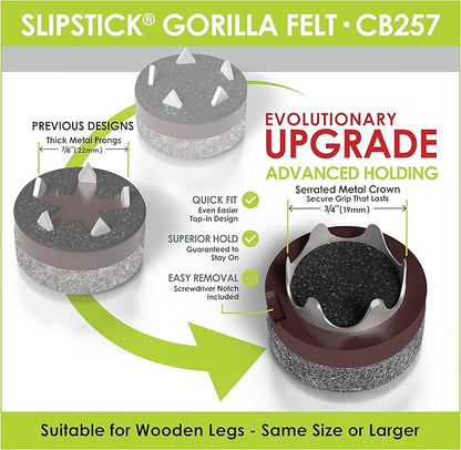 GorillaFelt CB257 Chair Leg Floor Protectors/Felt Glides (Set of 8) Tap On Felt Furniture Pads Guaranteed to Stay On, 1 Inch Round Sliders