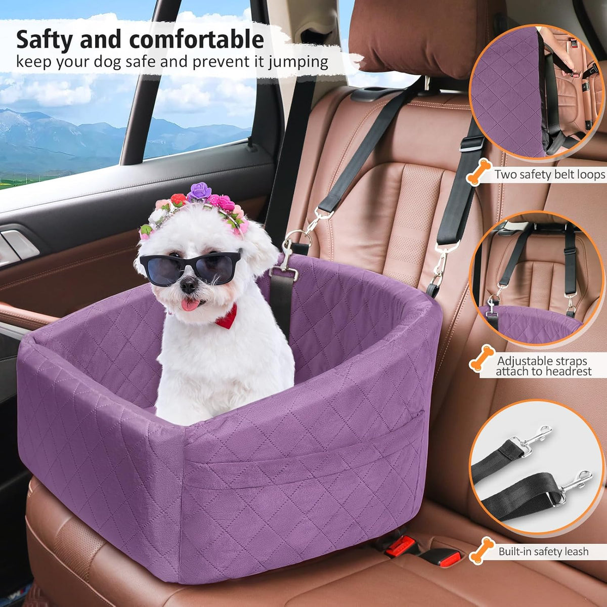 Dog Car Seat for Small Medium Dogs,Detachable Washable Dog Booster Seat Under 30lbs, Pet Car Seats Travel Bed with Storage Pockets and Safety Belt (Purple)