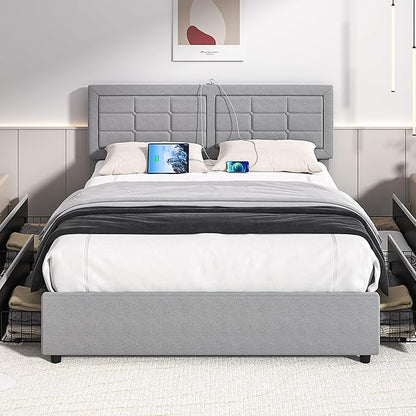 VECELO Queen Size Bed Frame with 4 Storage Drawers & Adjustable Headboard, Built-in Charging Station, Upholstered Bedframe with Wood Slats Support, Light Grey