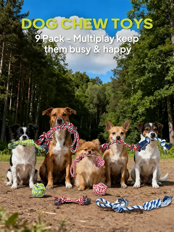 TwoEar Dog Rope Toy 9 Pack - Puppy Teething Toys for Small Medium Breed - Indestructible Dog Chew Toys for Aggressive Chewers - Cotton Tug of War Dog Toys for Boredom, Teeth Clean