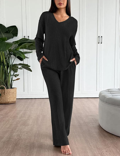 Ekouaer Lounge Sets for Women Long Sleeve Knit Ribbed Pajama Sets 2 Piece Casual Loungewear with Pockets