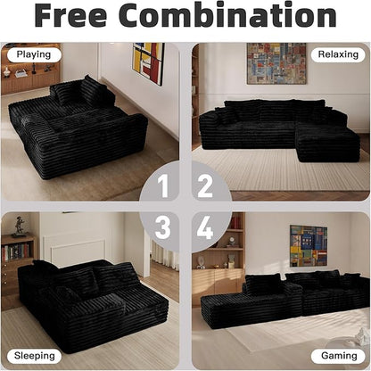 Sectional Cloud Boneless Couch for Living Room Bedroom, Modern L Shaped Modular Sofa with Right Facing Chaise, Comfy Deep Seat Memory Foam Couch in Box, No Assembly (Wide Striped Corduroy, Black)