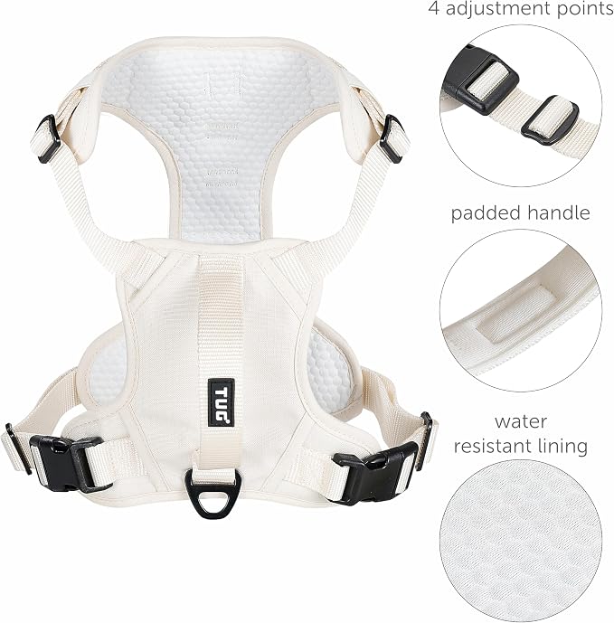 TUG No-Pull Dog Harness, 2 Leash Clips + Padded Handle (Medium, Cream) | Water-Resistant Padded Interior | No-Pull Front Clip | Padded Back Handle | Adjustable Straps