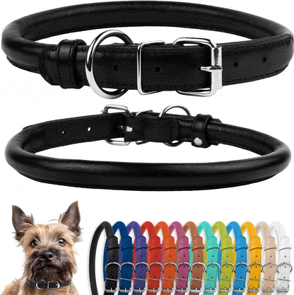 CollarDirect Rolled Leather Dog Collar, Soft Padded Round Puppy Collar, Handmade Genuine Leather Collar Dog Small Large Cat Collars 13 Colors (6-7 Inch, Black Textured)