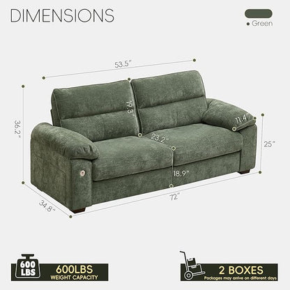 Ihanherry 72" Modern Sofa for Living Room, Deep Seat Chenille Loveseat with Fast Charging Port & Removable Washable Cushions, Pillow-Armrest Couch for Small Space/Apartment, Sturdy Frame, Green