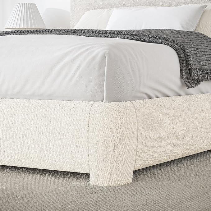 BarnFurin Boucle Upholstered California King Bed Frame/Soft Rounded Corners Headboard/Low Profile Bed Frame/No Box Spring Needed/Cream