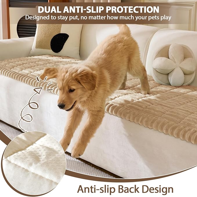 FUANGUI Waterproof Couch Cover Sofa Cover for Dogs and Pets Sofa Protector | Non-Slip Washable Fuzzy Soft Cat Bed Sofa Slipcover for 2-3 Cushion Couch Sofa Pet Friendly, Khaki, 27.6" x 70.9", 1 pcs
