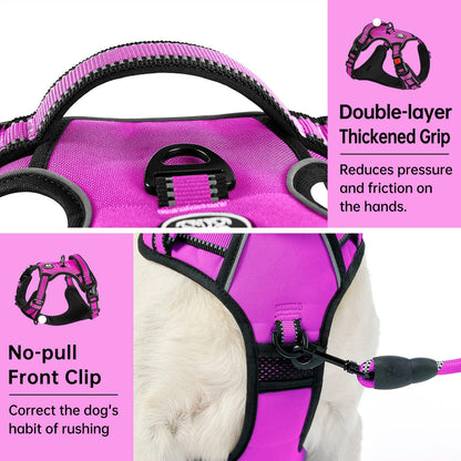 IVY&LANE No Pull Dog Harness for Large Dogs, Dog Vest Harness with Leash, Safety Belt and Storage Strap, Fully Adjustable Harness, 360° Reflective Strip, Soft Handle (Fuchsia Pink, L)