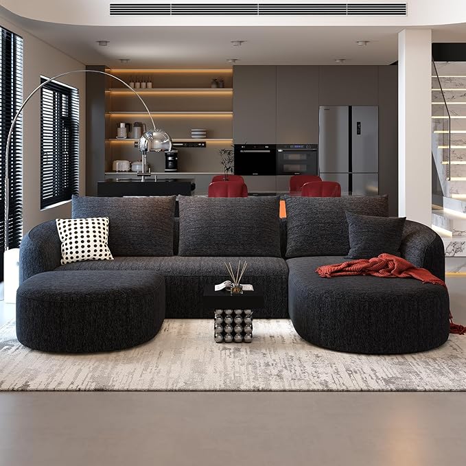 111" Modular Sectional Couches Luxury Modern Curved Back U-Shape Sofa Set with Ottoman,Minimalist Comfy Boneless Cloud Couch for Living Room Apartment,(Right Facing Chaise,Black)