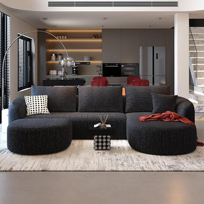 111" Modular Sectional Couches Luxury Modern Curved Back U-Shape Sofa Set with Ottoman,Minimalist Comfy Boneless Cloud Couch for Living Room Apartment,(Right Facing Chaise,Black)
