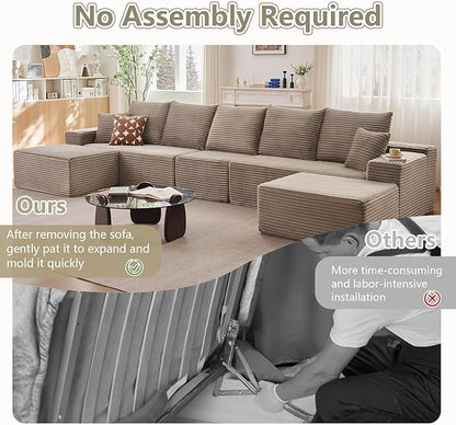 167.7" Sectional Cloud Couch for Living Room, Stupendous U Shaped Sofas, Modular Floor Deep-Seat Sofa, Big Comfy Corduroy Couches Set with Fluffy Memory Foam, No Assembly Required, Camel