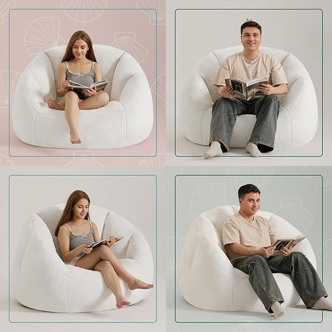 Giant Bean Bag Chair for Adults - Comfy Plush Round Shell Soft Accent Chair, Oversized Cozy Lounge Floor Sofa Reading Chair, Mini Couch for Living Room, Bedroom & Game Rooms, Beige