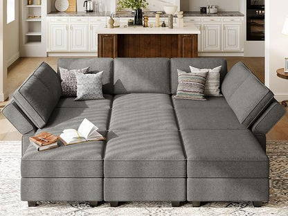 Belffin Modular Sectional Sleeper Sofa Couch with Storage Ottoman Convertible Sectional Couches for Living Room Terry Reversible Chaise. Light Grey Sofa
