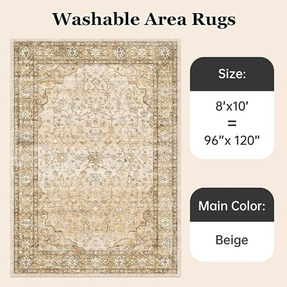 8x10 Area Rugs for Large Living Room Washable Low Pile Non Slip Stain Resistant Euro Floral Distressed Big Boho Carpet Rug Ultra-Thin for Bedroom Dining Room Farmhouse Family Room,Natural Beige