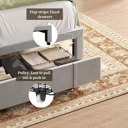 Queen Bed Frame with Storage Drawers, Upholstered Queen Size Platform Bed with 47" Tall Headboard and Wingboard, No Box Spring Needed, Noise Free, Easy Assembly, Wooden Support Slats, Light Grey