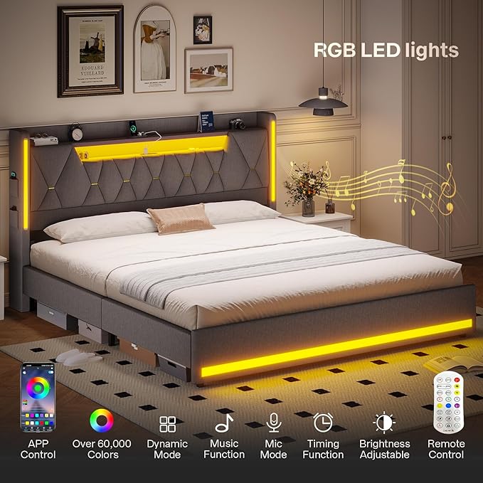 King Bed Frame, King Size Bed Frame with Storage Headboard and LED Lights, Charging Station, Metal Support, Noise-Free, Easy Assembly,Gray