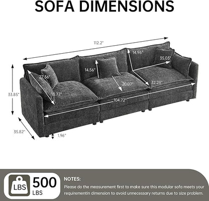 saows Modular Sectional Sofa, 112.2 Inch Rectangle Shaped Couch Set with Armrests, 3-Seater Comfy Cloud Couches for Living Room Apartment, Grey