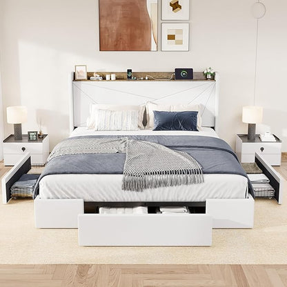 Allewie King Size Velvet Bed Frame with 3 Storage Drawers, Upholstered Platform Bed with Wingback Storage Headboard and USB Ports, No Box Spring Needed, Easy Assembly, White