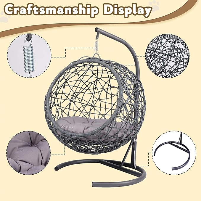 Hanging Cat Swing Bed with Stand & Cushion | Rattan Wicker Egg Chair for Cats, Small Dogs & Pets, Indoor Swinging Bed, Cozy Resting Spot, Modern Design