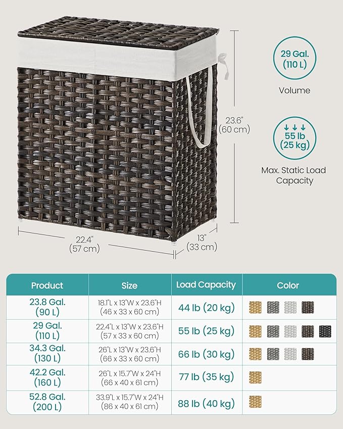 SONGMICS Laundry Hamper with Lid, 110L Clothes Hamper with 2 Removable Liner Bags, 6 Mesh Bags, Wicker Laundry Basket, Double Laundry Hamper for Bathroom, 13 x 22.4 x 23.6 Inches, Brown ULCB052K02