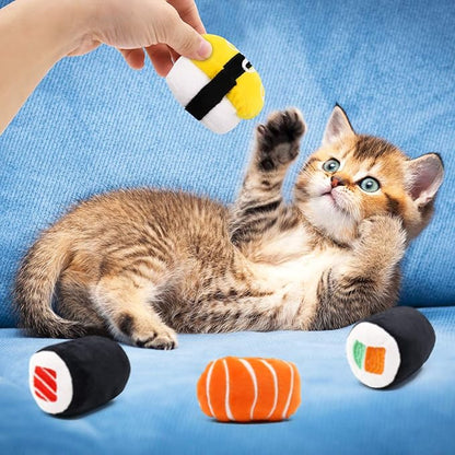 CiyvoLyeen 6 Pack Sushi Cat Toys with Catnip Sushi Roll Pillow Kitten Chew Bite Supplies Boredom Relief Fluffy Kitty Teeth Cleaning Chewing Cat Lovers Interactive Plush