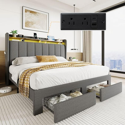 SHA CERLIN Queen Platform Bed Frame with Vertical Channel Tufted Wingback Headboard & 2 Storage Drawers/2-Tier Shelves with LED Lights & Charging Station/Noise-Free/No Box Spring Needed/Dark Grey