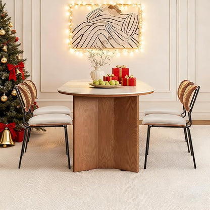 HOCEWI Rattan Dining Chairs Set of 4, Mid Century Modern Dining Chairs with Cane Back for Kitchen Dining Room, 19 Inch Fabric Beige