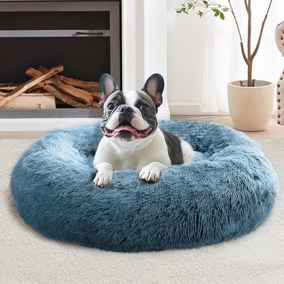 JOLLYVOGUE Calming Dog Bed for Small Dogs - 23 inches Donut Washable Small Dog Bed for Kittens & Puppies, Anti-Slip Round Fluffy Plush Faux Fur Cat Beds (Fits up to 25 lbs Pets, Blue)