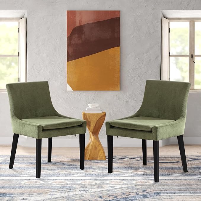 COLAMY Modern Dining Chairs Set of 6, Upholstered Corduroy Accent Side Chairs with Mid Back and Wood Legs for Living Room/Dining Room- Light Green