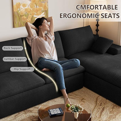Cloud Sectional Couch,107 Inch Modular Sectional Sofa with Deep Seat, Modern Corduroy Boneless Couches with L-Shape Chaise for Living Room Bedroom, No Assembly Required (Black, Right Facing Chaise)