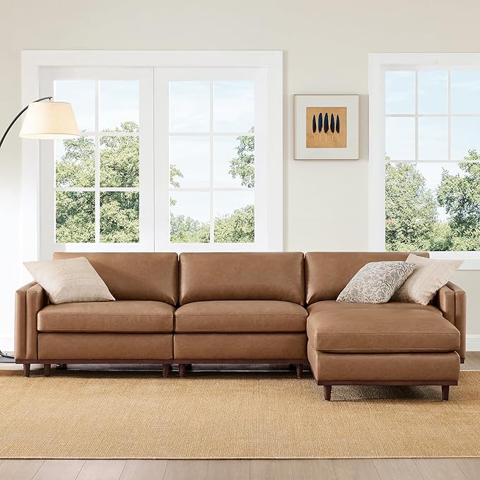 CHITA 118" Super Large Luxury L Shape Convertible Sectional Modular Sofa, FSC Certified Down Filled Modern Sofa with Ottoman, Deep Seat Cloud Couch, 4 Seat Couch, Solid Wood Leg, Faux Leather in Camel