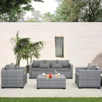 4 Piece Wicker Patio Furniture Sets Outdoor Conversation Set PE Rattan Sectional Sofa Couch with Storage Table and Grey Cushions