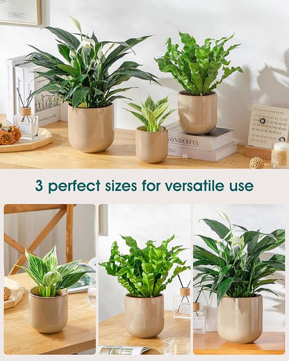 vancasso Ceramic Plant Pots, 4+5+6 inches, Set of 3, Planters with Drainage Hole, Flower Pots Planters Pots for Indoor Plants, Modern Indoor Decorative Garden Pot, Home Decor, Brown