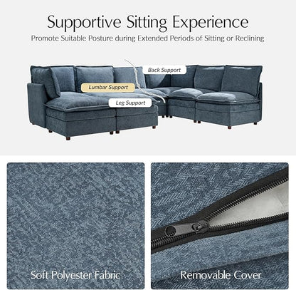 HULALA HOME 128'' Power Recliner Sofa with Dual-Layered Cushions, Oversized Modular Sectional Sofa U Shaped Couch with Storage Ottoman, 6 Seater Cloud Couch for Living Room, Blue